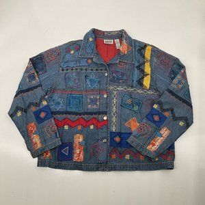 Vintage Chico's Denim Jacket Womens 2 Silk Patxhwork Designs Womens L/12